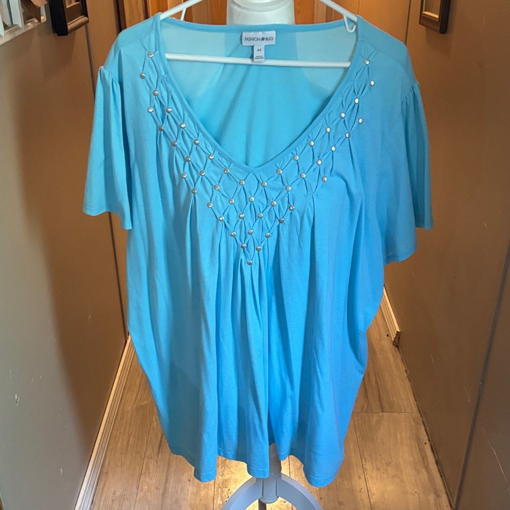 Fashion Bug Light Blue Blouse with Beaded Neckline